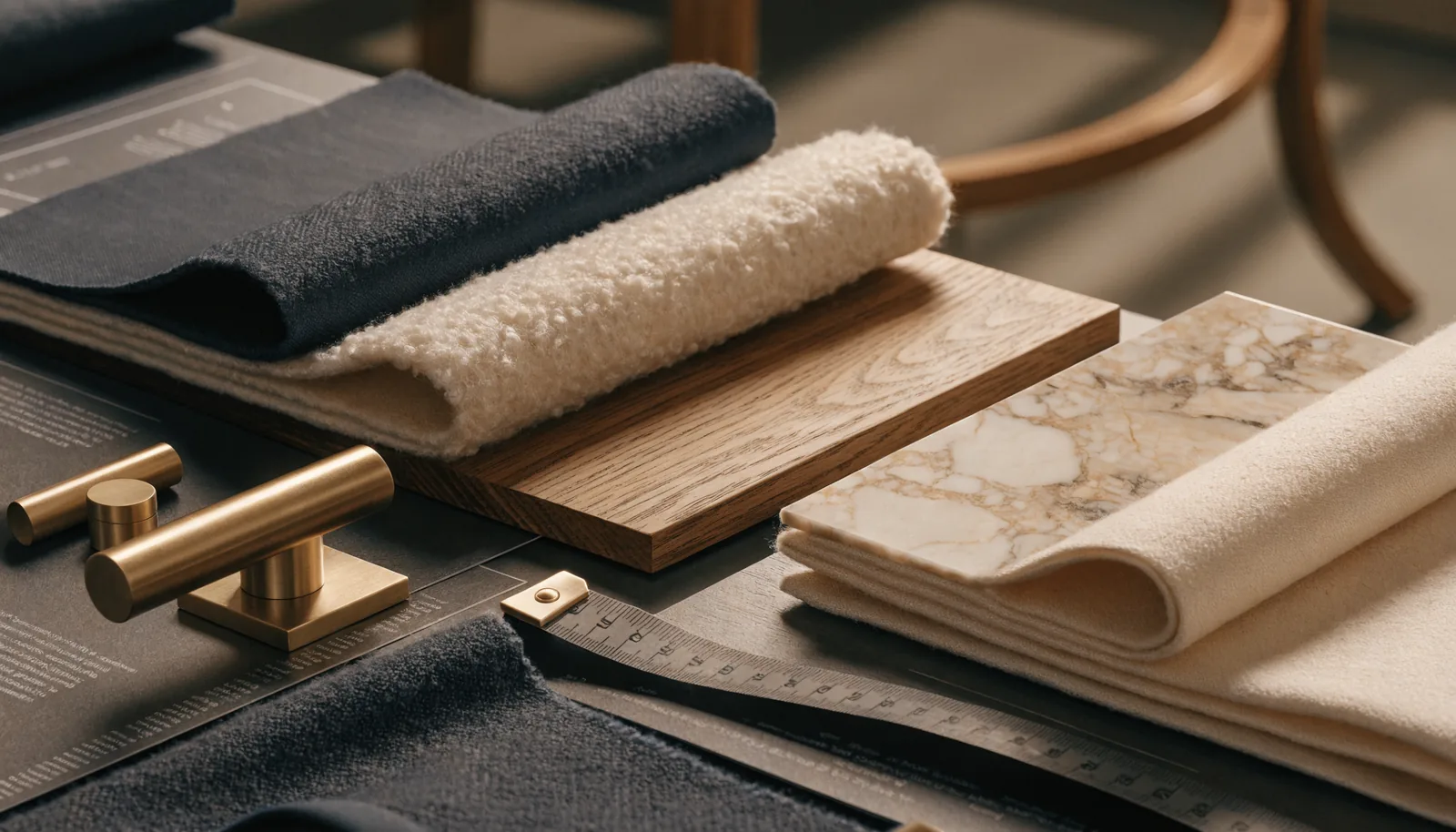 An FF&E procurement material selection desk with navy and cream fabric swatches, walnut and oak wood finish samples, a marble tile, brushed-brass hardware and a tape measure