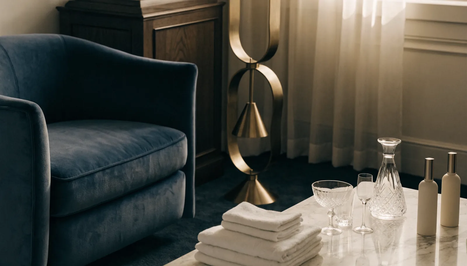 Luxury hotel suite corner showing FF&E (a navy velvet lounge chair, brass floor lamp and walnut casegood) beside OS&E operating supplies (folded white linens, crystal glassware and amenity bottles)