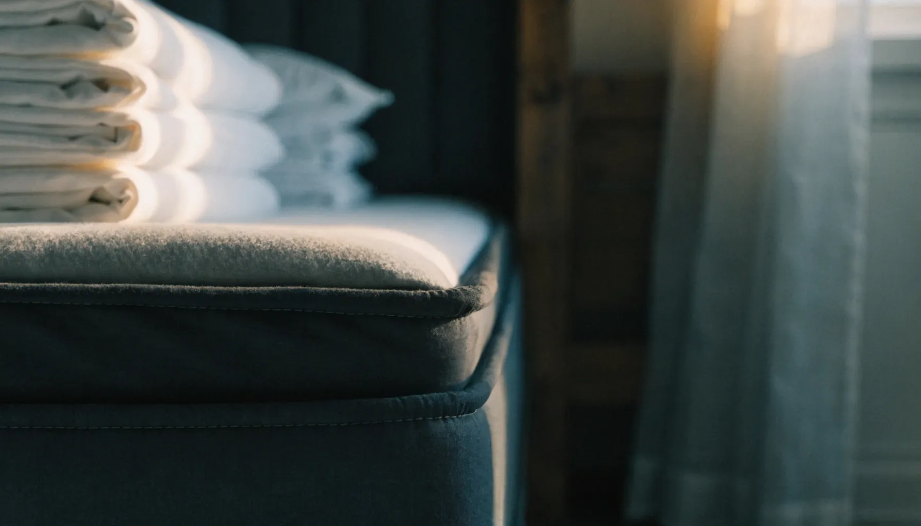 Hotel mattress procurement — hospitality-grade mattress with reinforced edge support in a luxury guest room, Stoch Hotel Consulting
